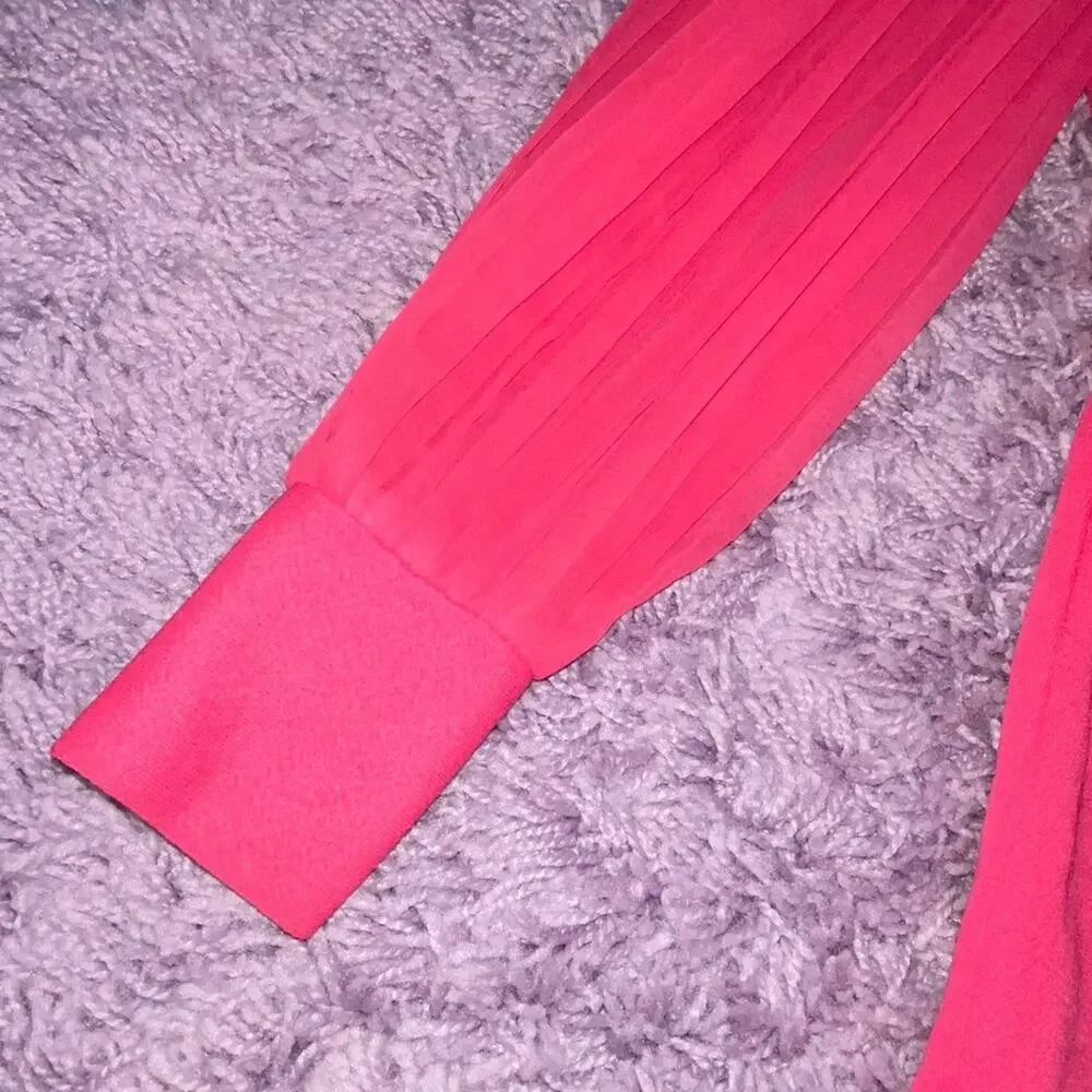 M Hot Pink VTG Button Up Long Sheer Sleeve Fitted Blazer Shirt Dress Pleated Top